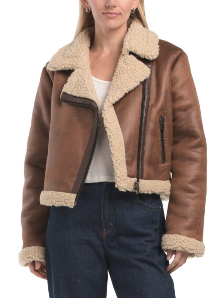 Brown Faux Shearling Moto Jacket With Cream Lining
